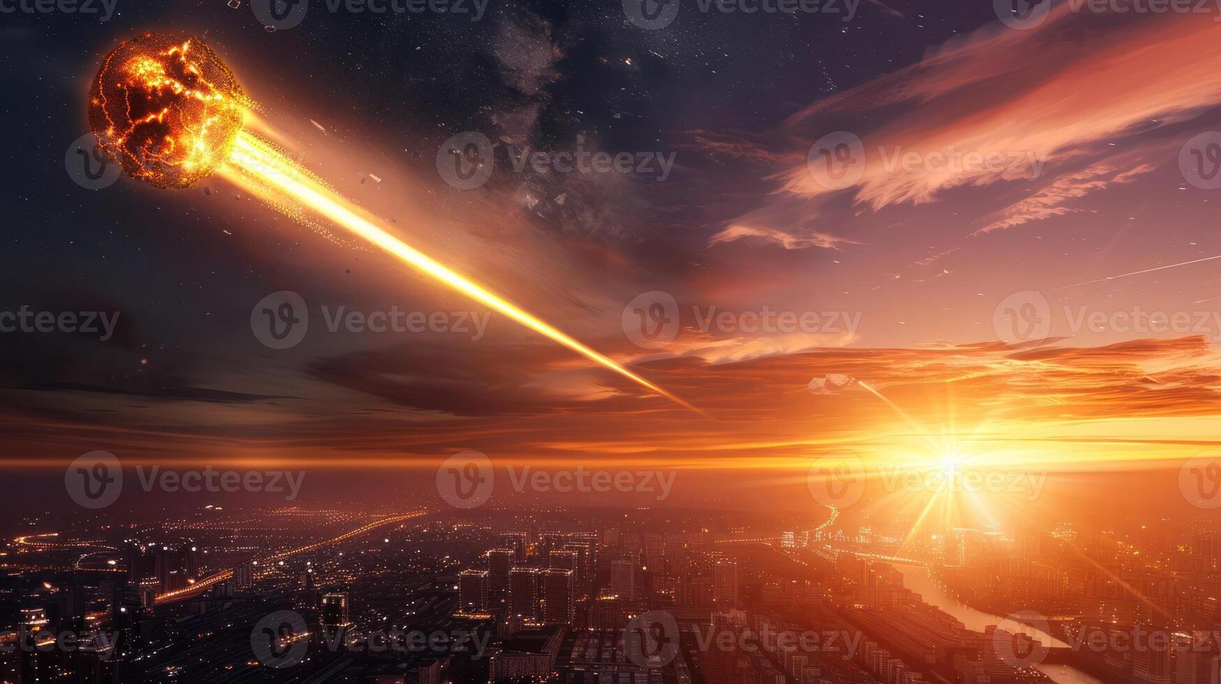 Meteor streaking through a vibrant sunset over a bustling city skyline, showcasing dramatic skies photo
