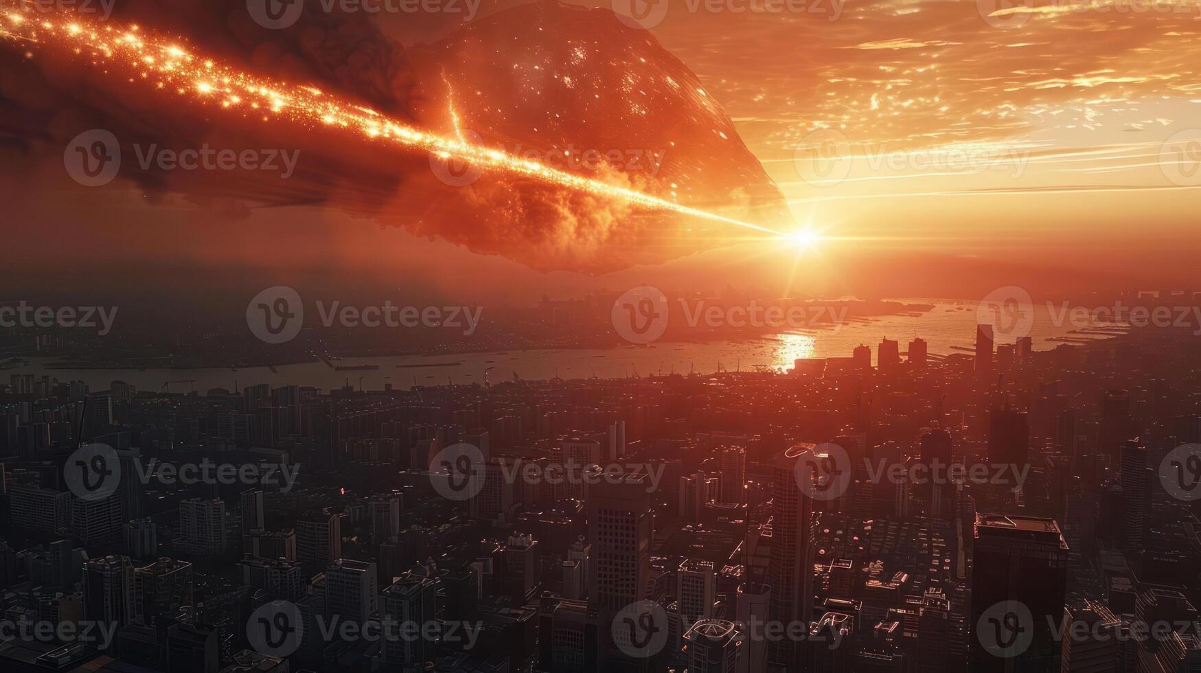 Dramatic sunset over a city skyline as a meteor approaches, creating a fiery spectacle photo
