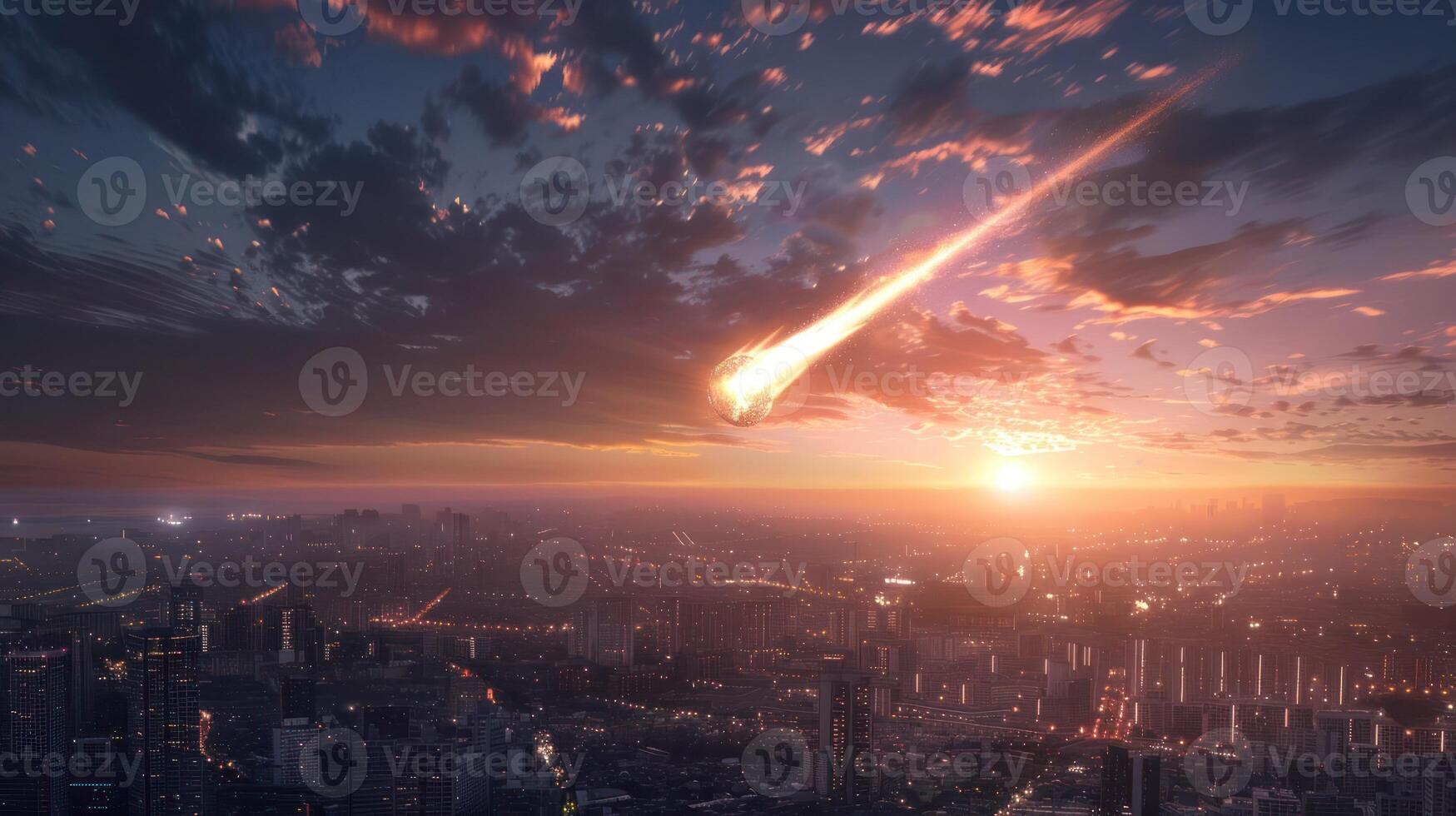 A breathtaking sunset over a bustling cityscape with a meteor streaking across the sky photo