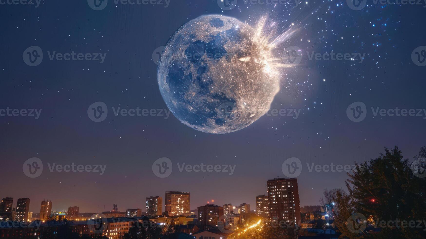 Dramatic night scene with a large moon explosion over a city skyline, stars twinkling in the background photo