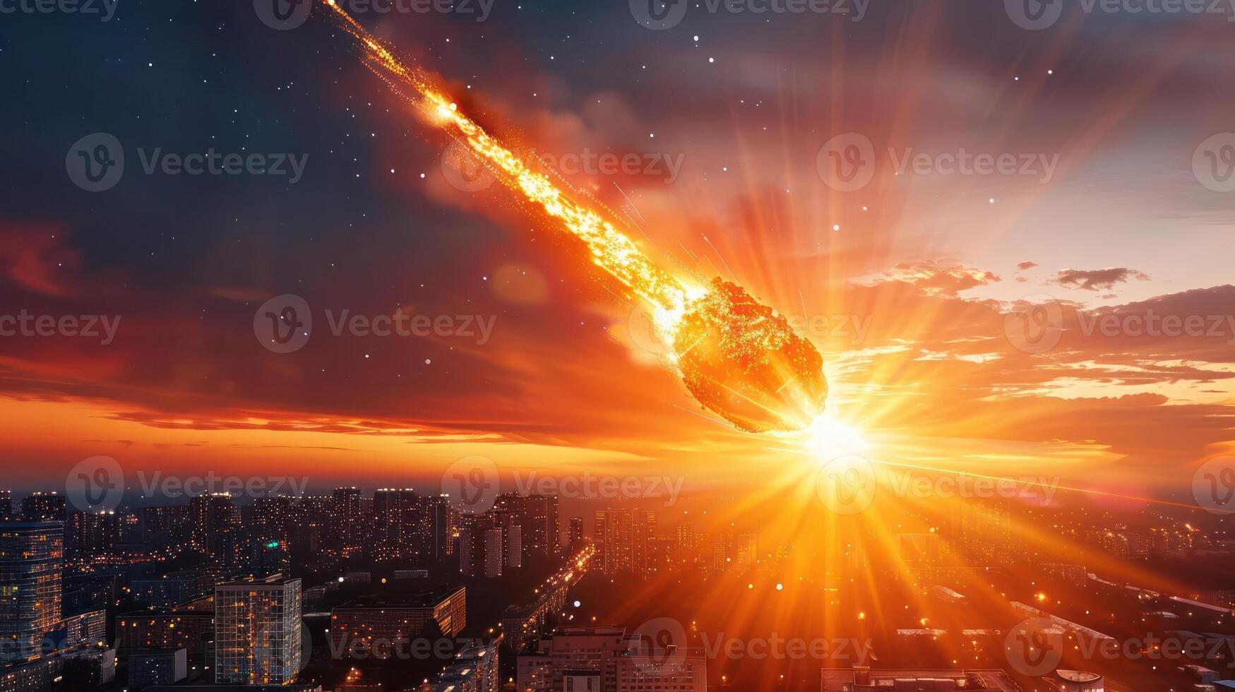 A fiery meteor streaks across the sunset sky over a bustling cityscape, illuminating the horizon photo