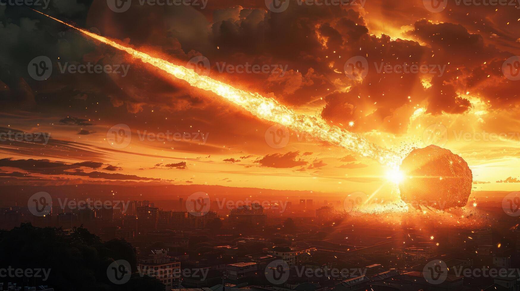 Catastrophic meteor impact over a city skyline during a vibrant sunset, creating chaos photo