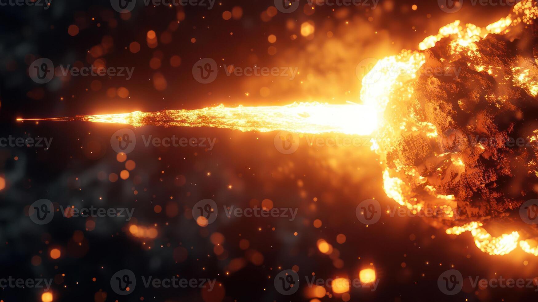 A fiery comet streaking through a starry sky, leaving a glowing trail of embers and light photo
