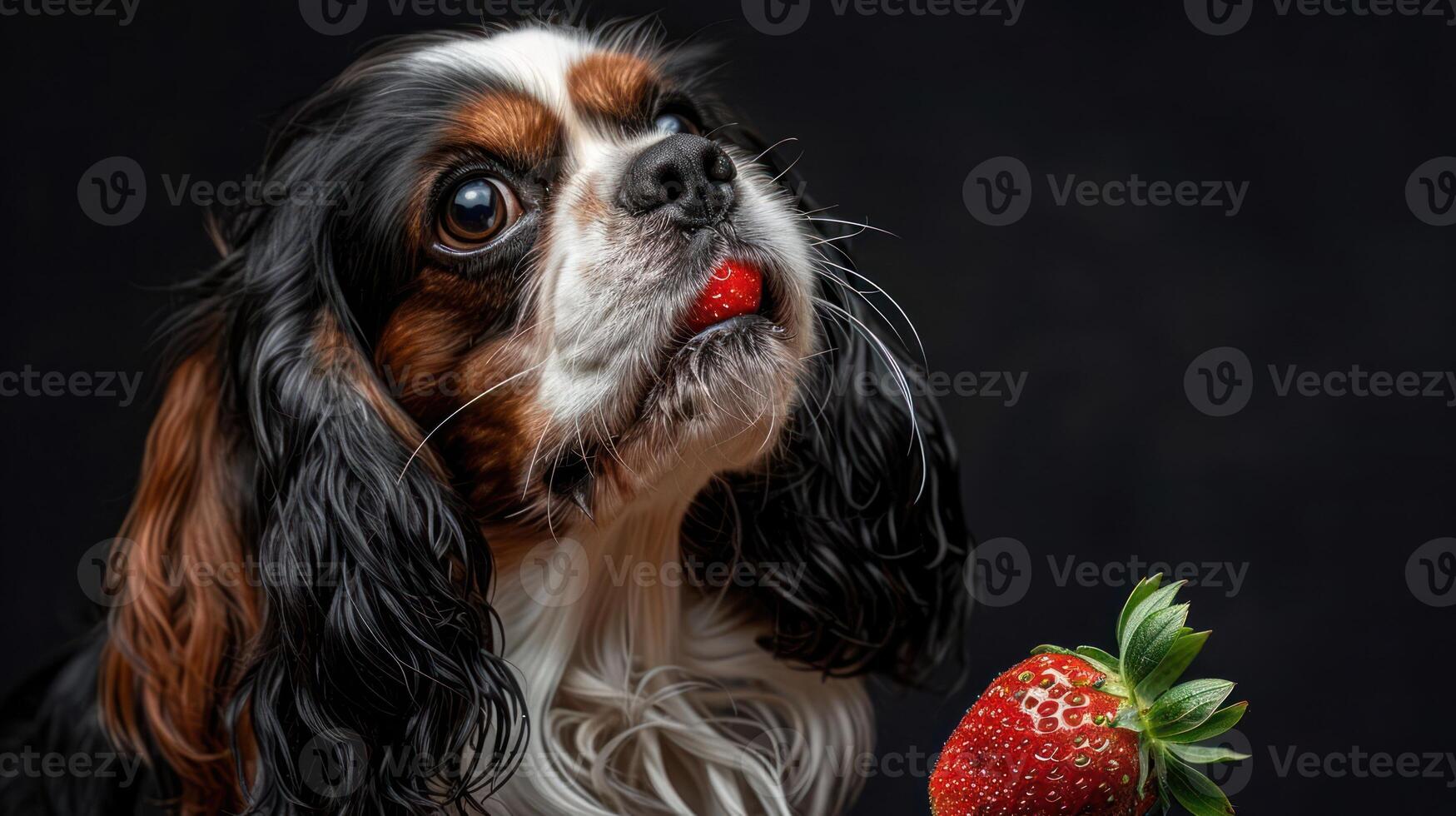 A close-up of a Cavalier King Charles Spaniel contemplating a fresh strawberry against a dark background photo