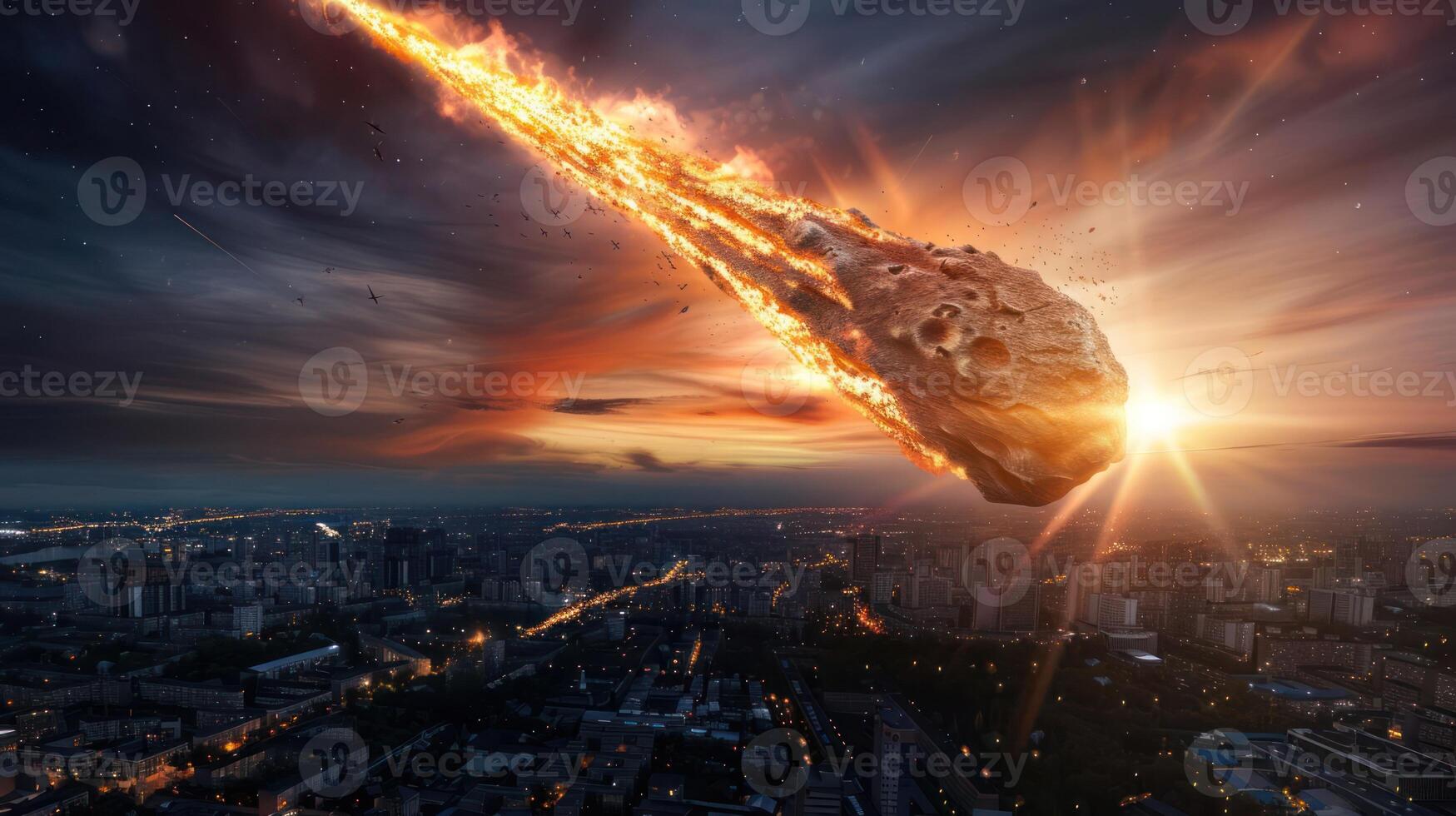 Dramatic meteor shower over a bustling cityscape at sunset, creating a breathtaking spectacle photo