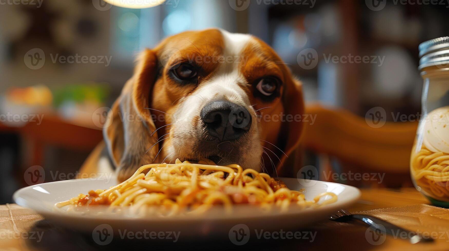 A beagle curiously gazes at a plate of spaghetti in a cozy kitchen setting with warm lighting photo