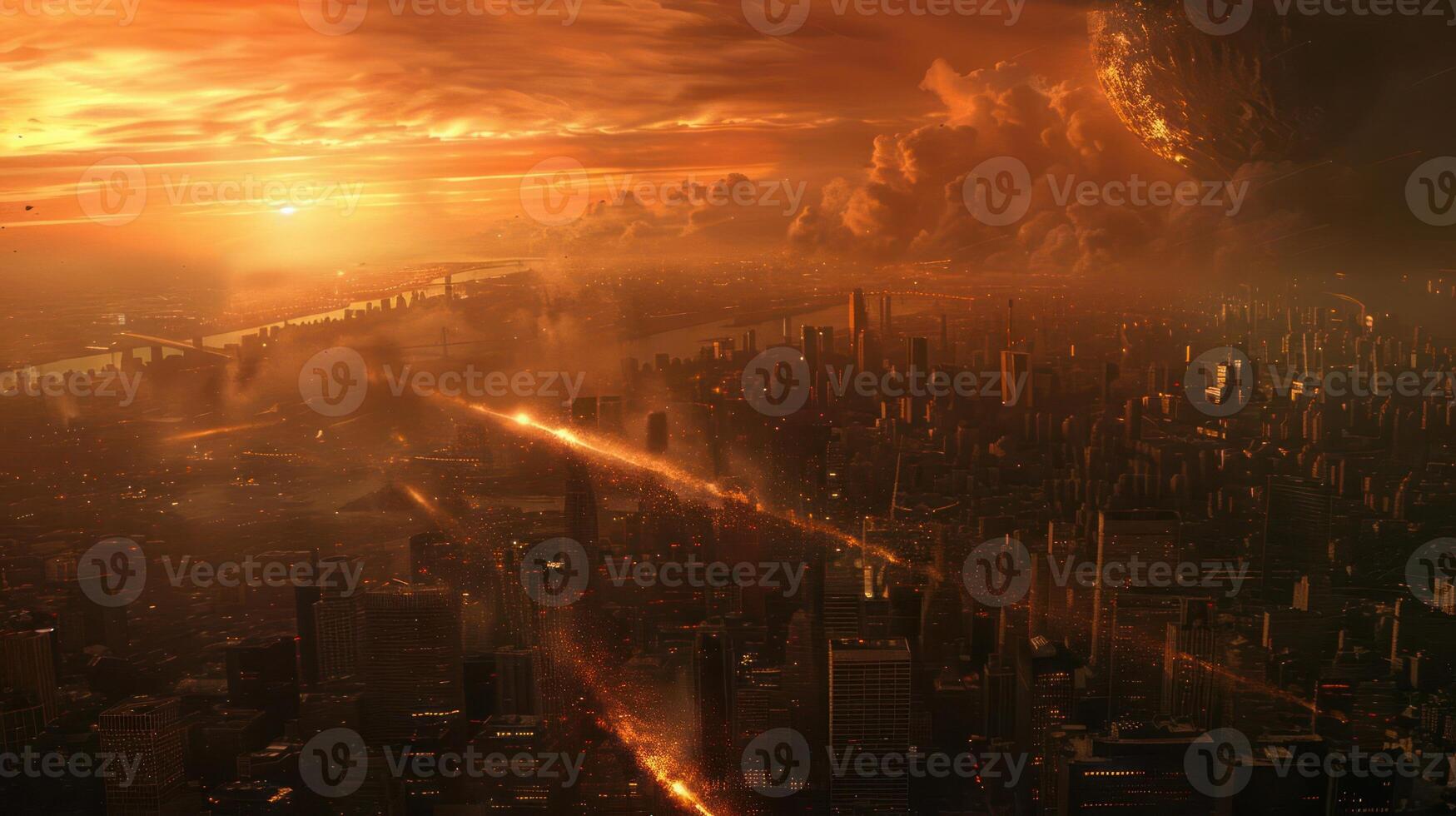 Apocalyptic cityscape at sunset with dramatic clouds and fiery streaks across the skyline photo
