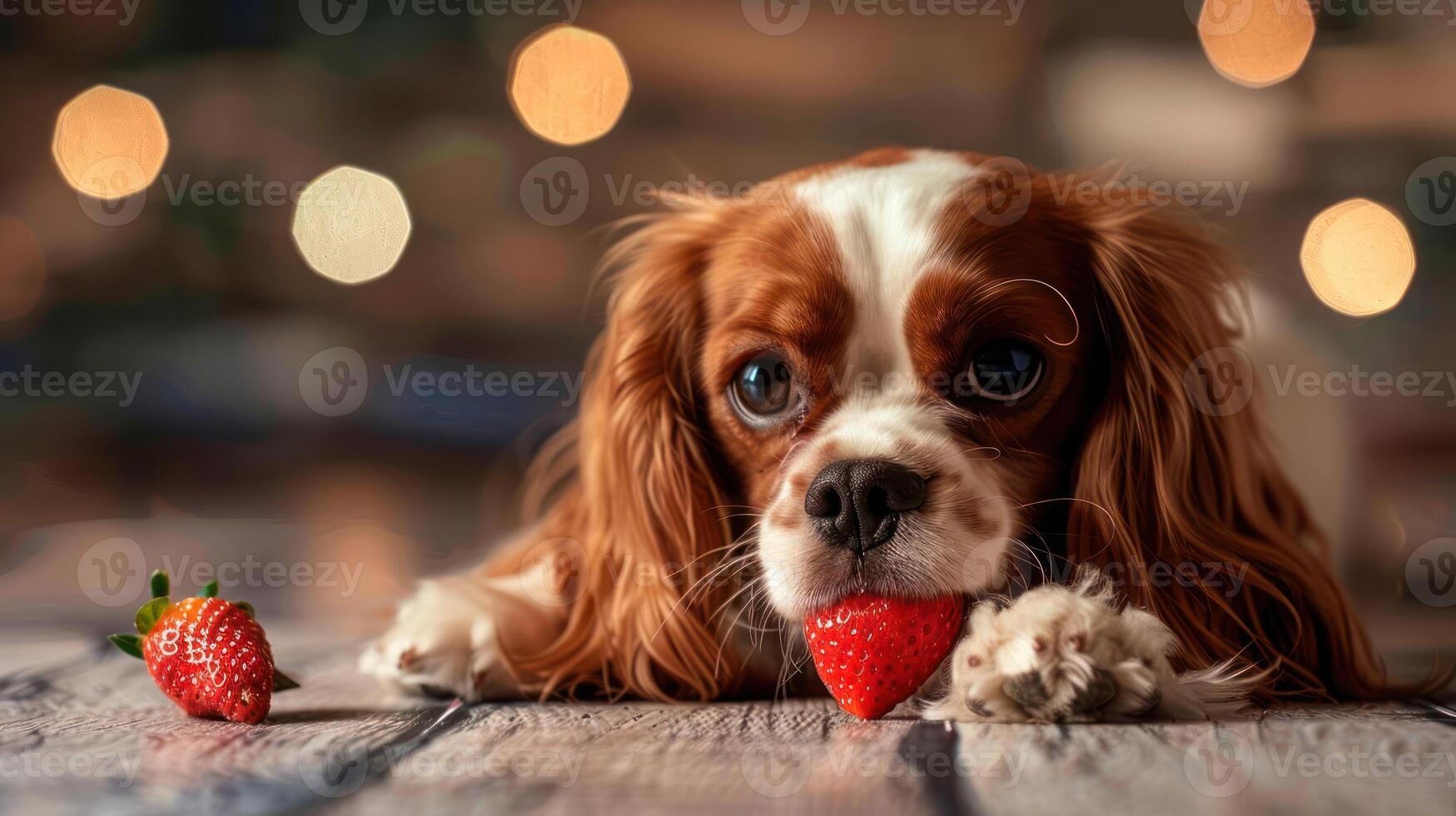 A playful dog resting its chin on a wooden surface, holding a strawberry, with a blurred festive background photo