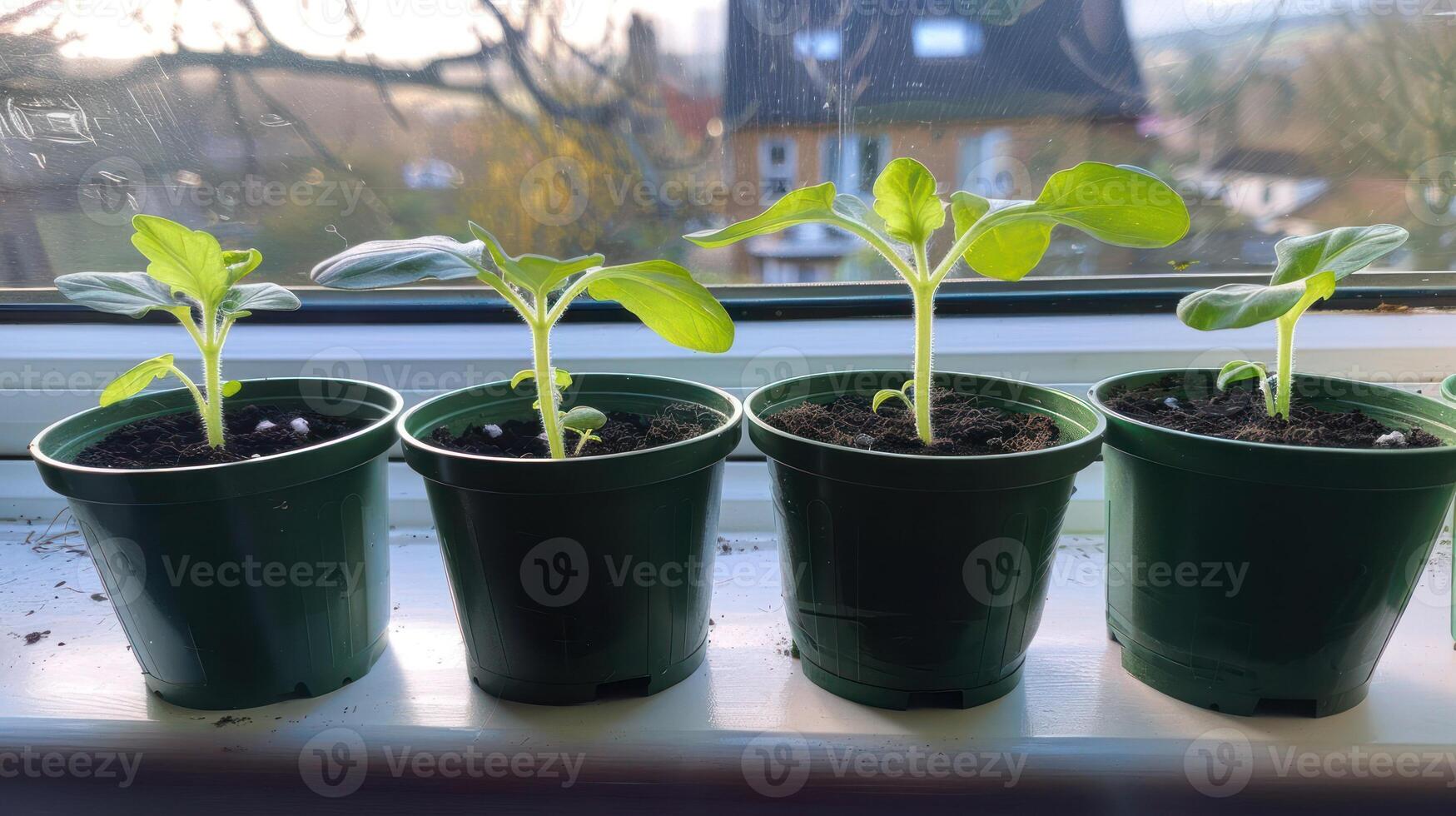 Four small green plants growing in pots on a windowsill with sunlight and blurred background photo