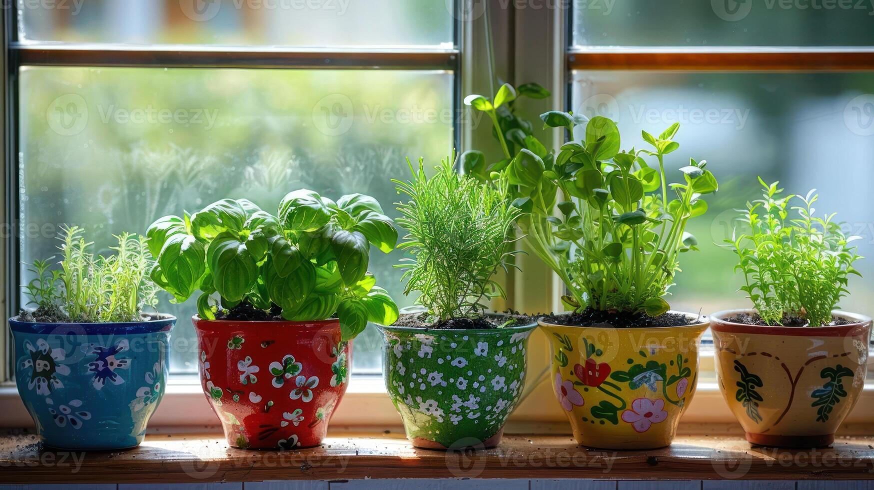 Colorful herb pots arranged on a windowsill, showcasing vibrant greenery and sunlight filtering through photo