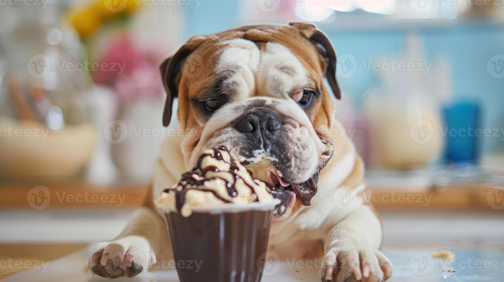 Bulldog Enjoying Ice Cream in a Bright Kitchen with Colorful Decorations and Background Activity photo