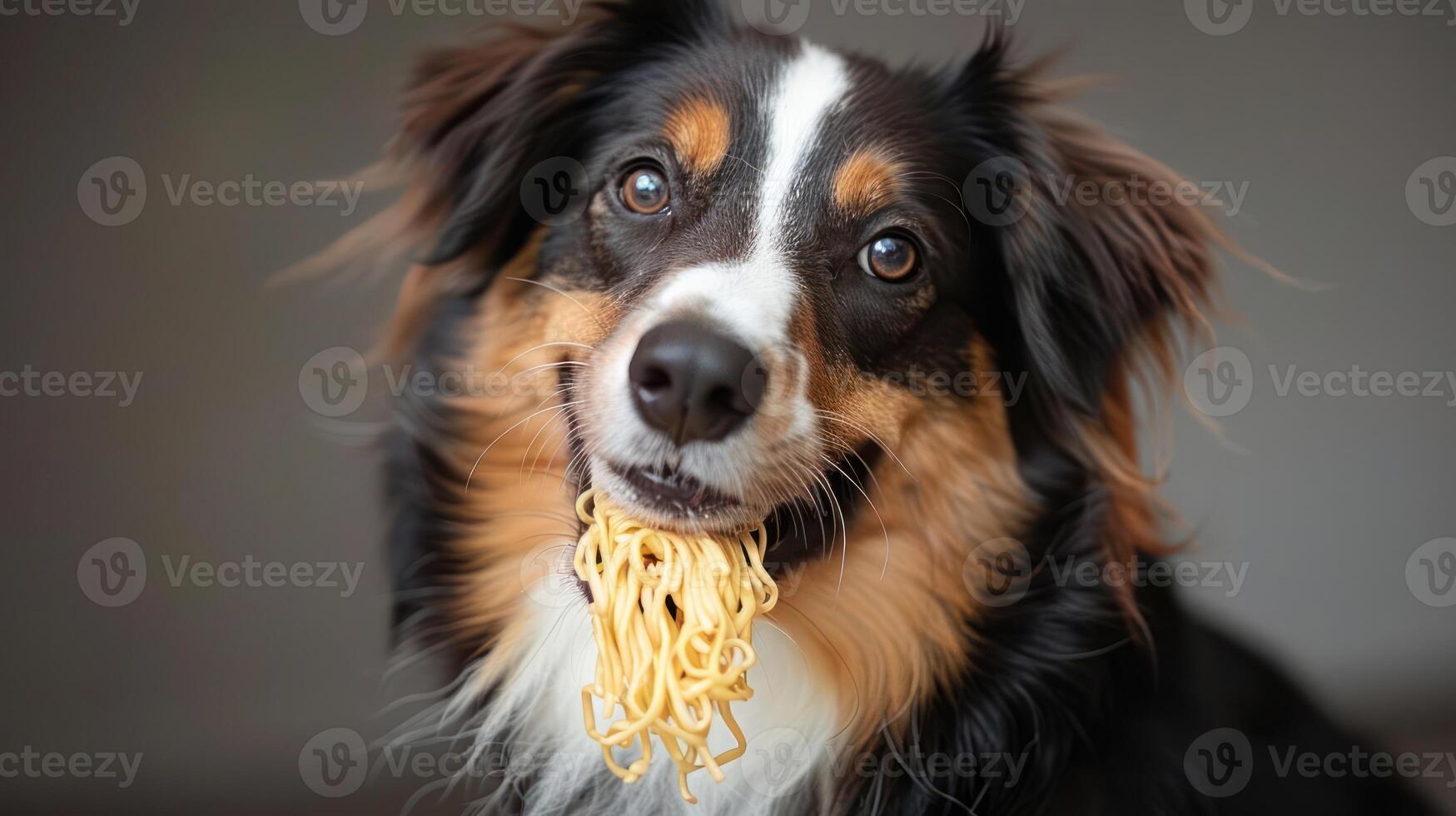 Playful dog with noodles hanging from its mouth, smiling against a blurred background photo