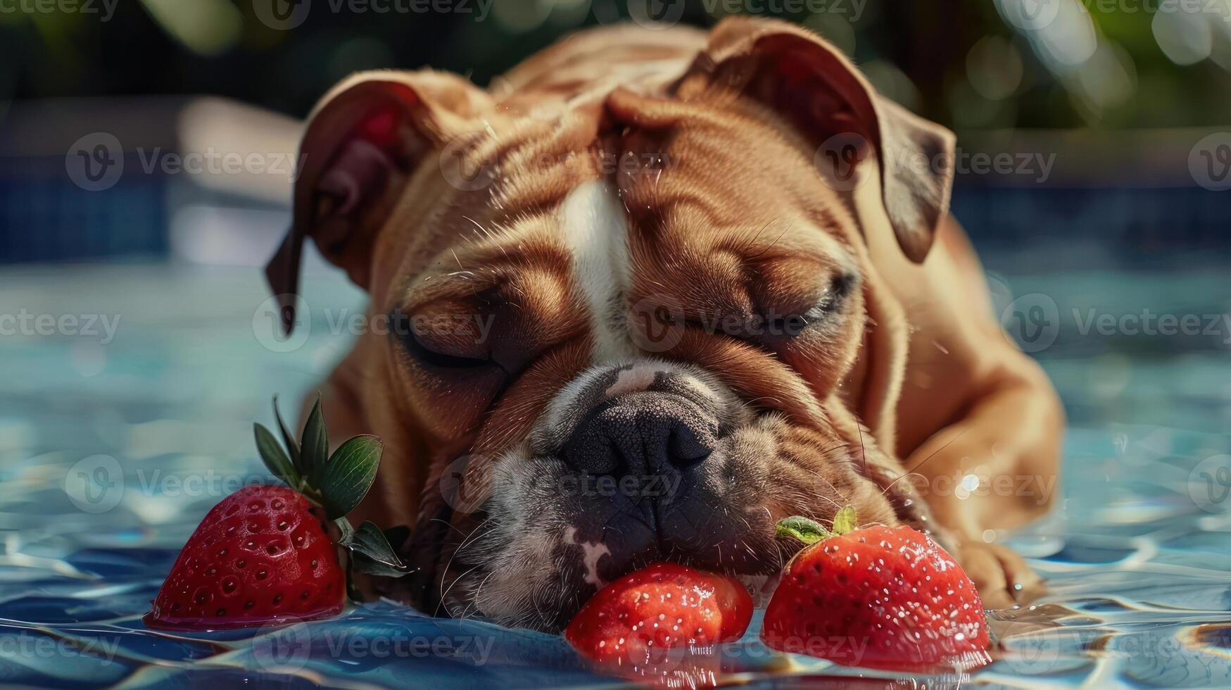 A relaxed dog enjoying strawberries while lounging in a pool on a sunny day photo