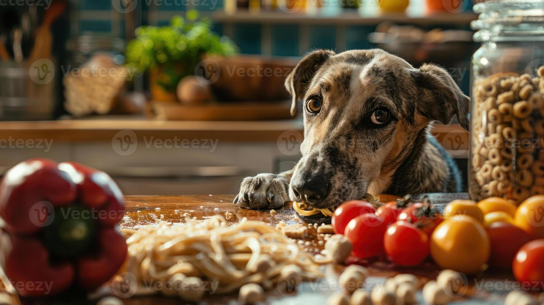 A curious dog watches eagerly as fresh ingredients are prepared for a delicious meal in a cozy kitchen photo