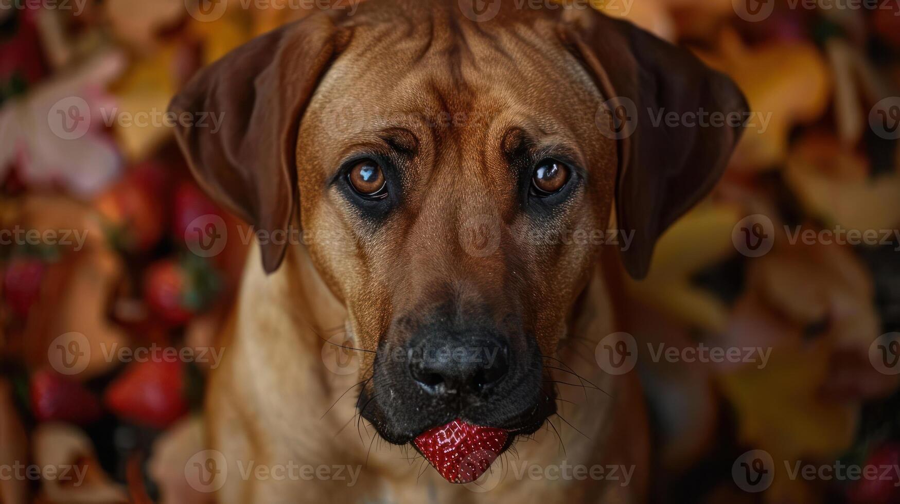 A close-up of a dog holding a strawberry in its mouth, surrounded by colorful autumn leaves photo