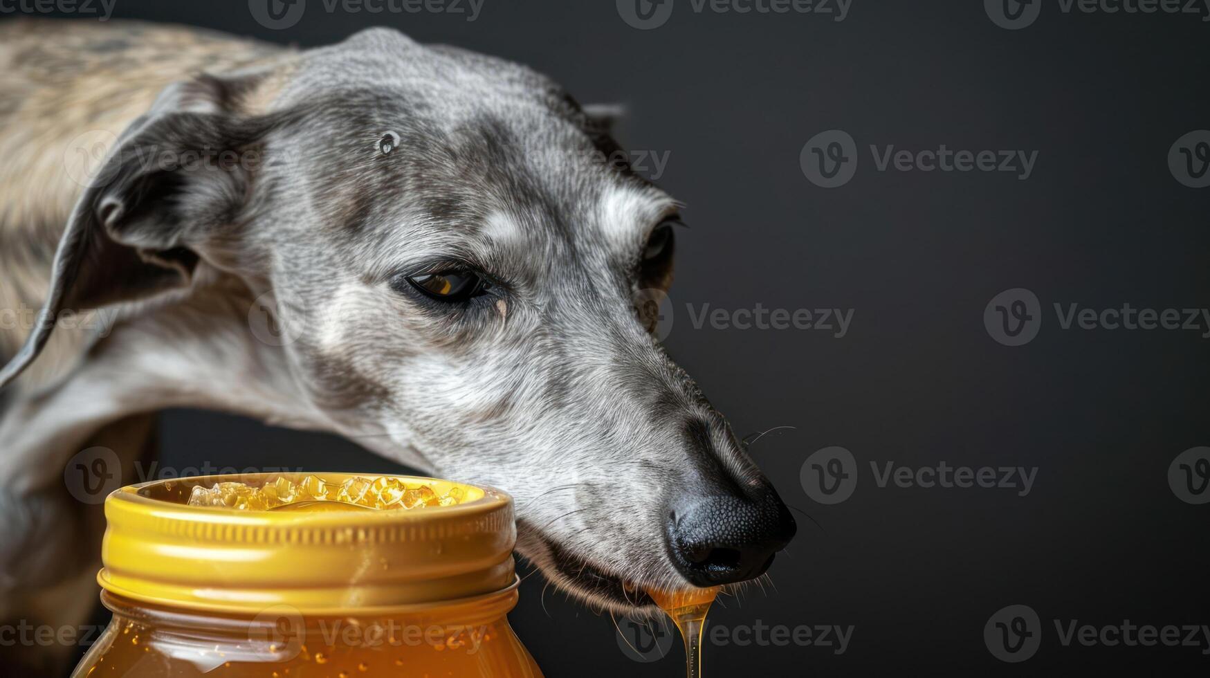Greyhound dog enjoying honey from a jar, with a dark background highlighting the scene photo