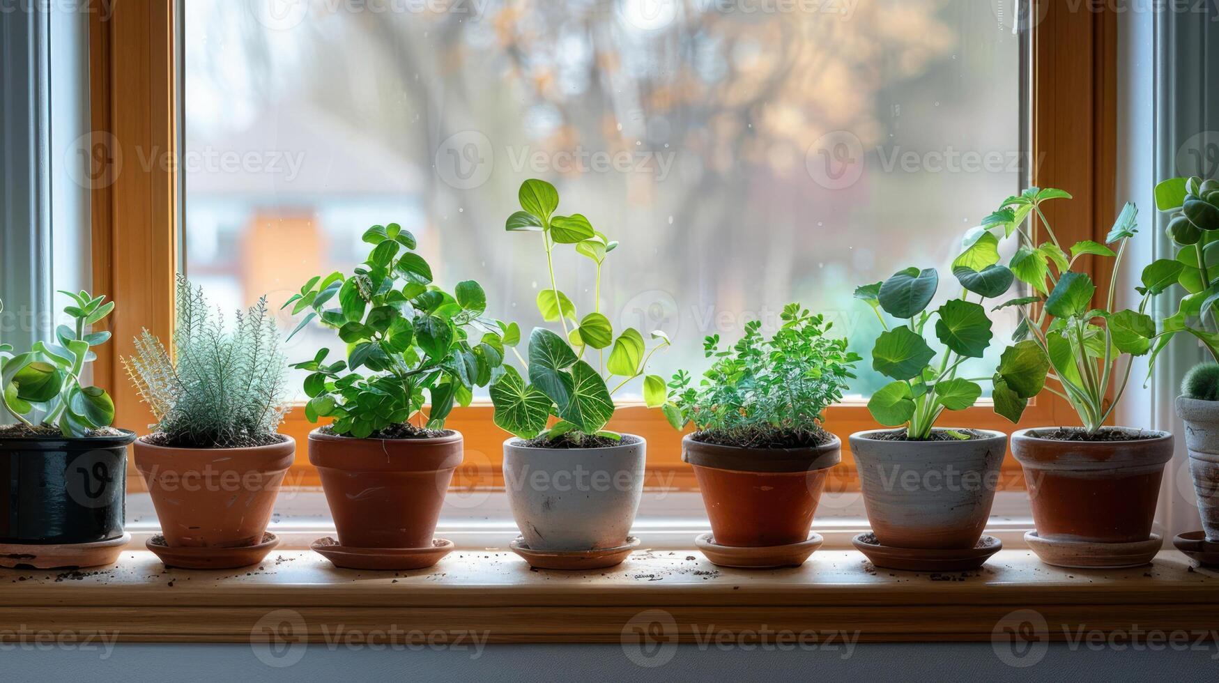 A vibrant display of potted plants on a sunny windowsill, showcasing greenery and natural light photo