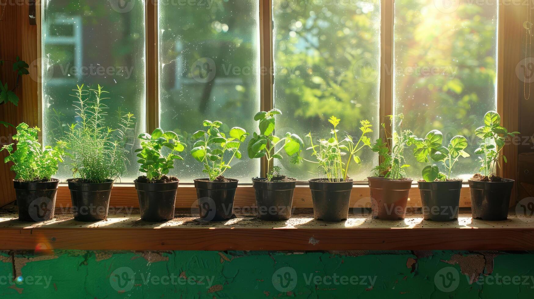 Sunlit indoor garden with various herbs and plants in pots on a windowsill, showcasing growth and tranquility photo