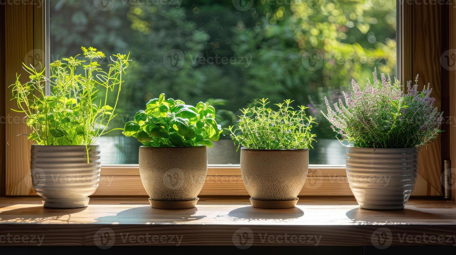 Lush green herbs in decorative pots placed on a sunlit windowsill with a vibrant garden backdrop photo