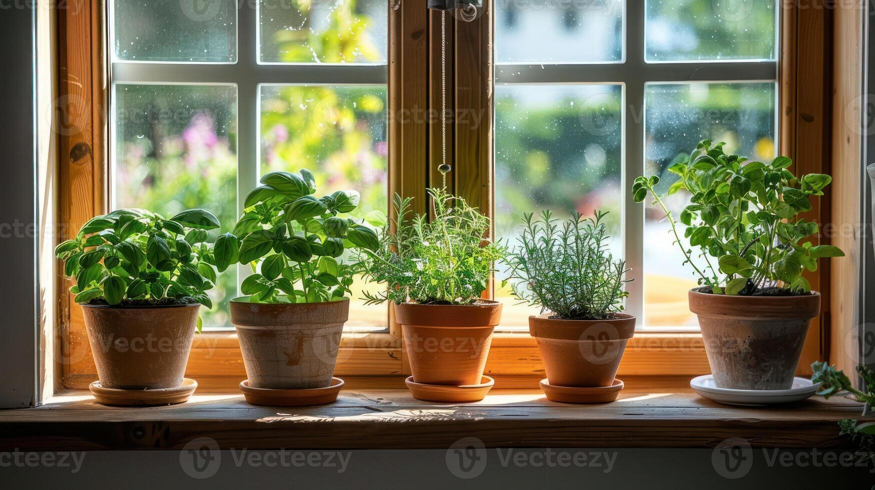 Vibrant indoor herb garden on a sunny windowsill, showcasing various plants in terracotta pots photo