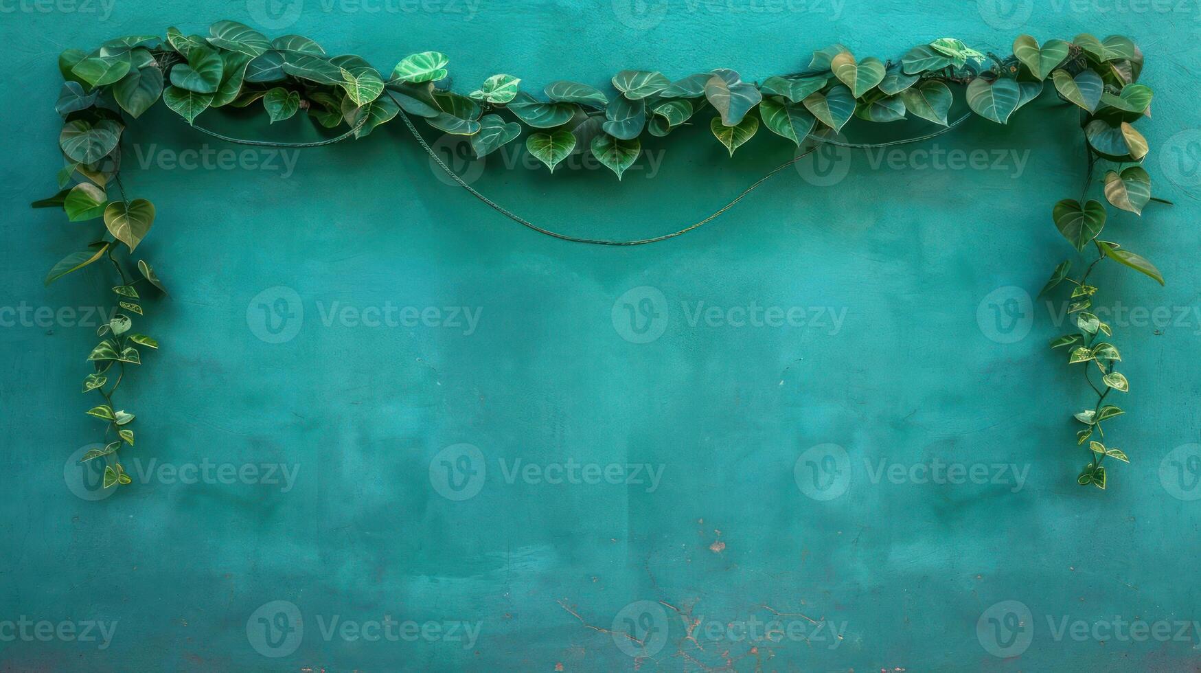 Lush green vines gracefully drape across a vibrant turquoise wall, creating a serene backdrop photo