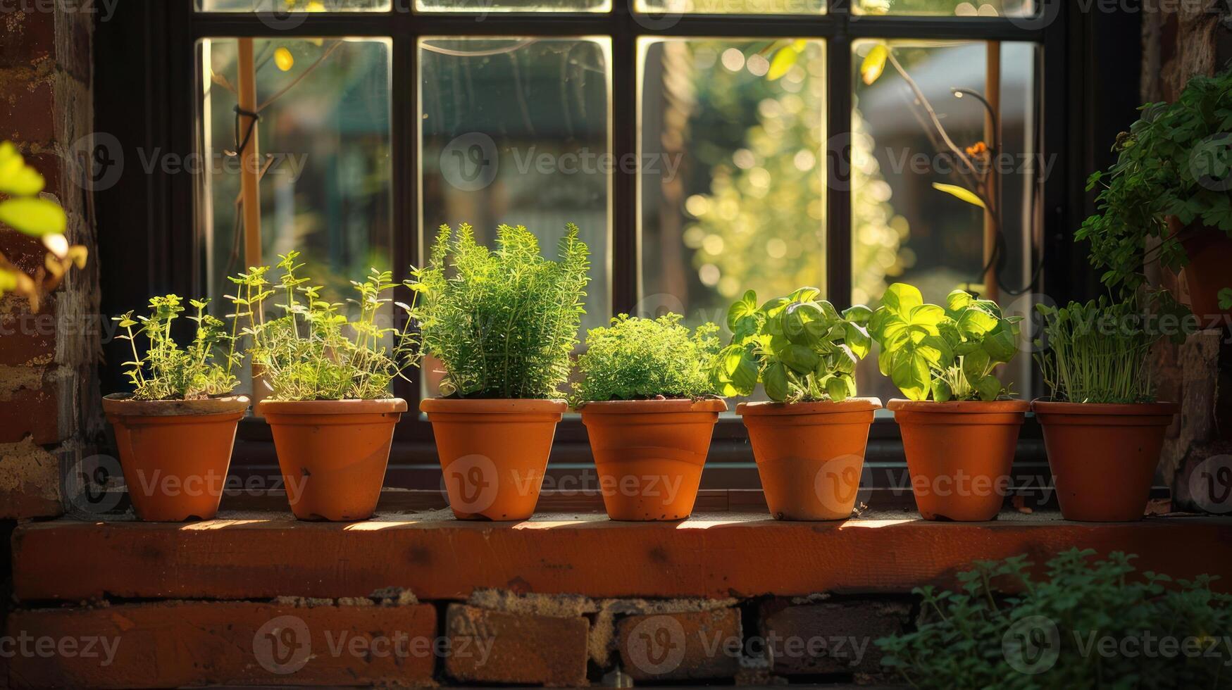 Lush herbs thriving in terracotta pots on a sunlit windowsill, enhancing indoor greenery photo