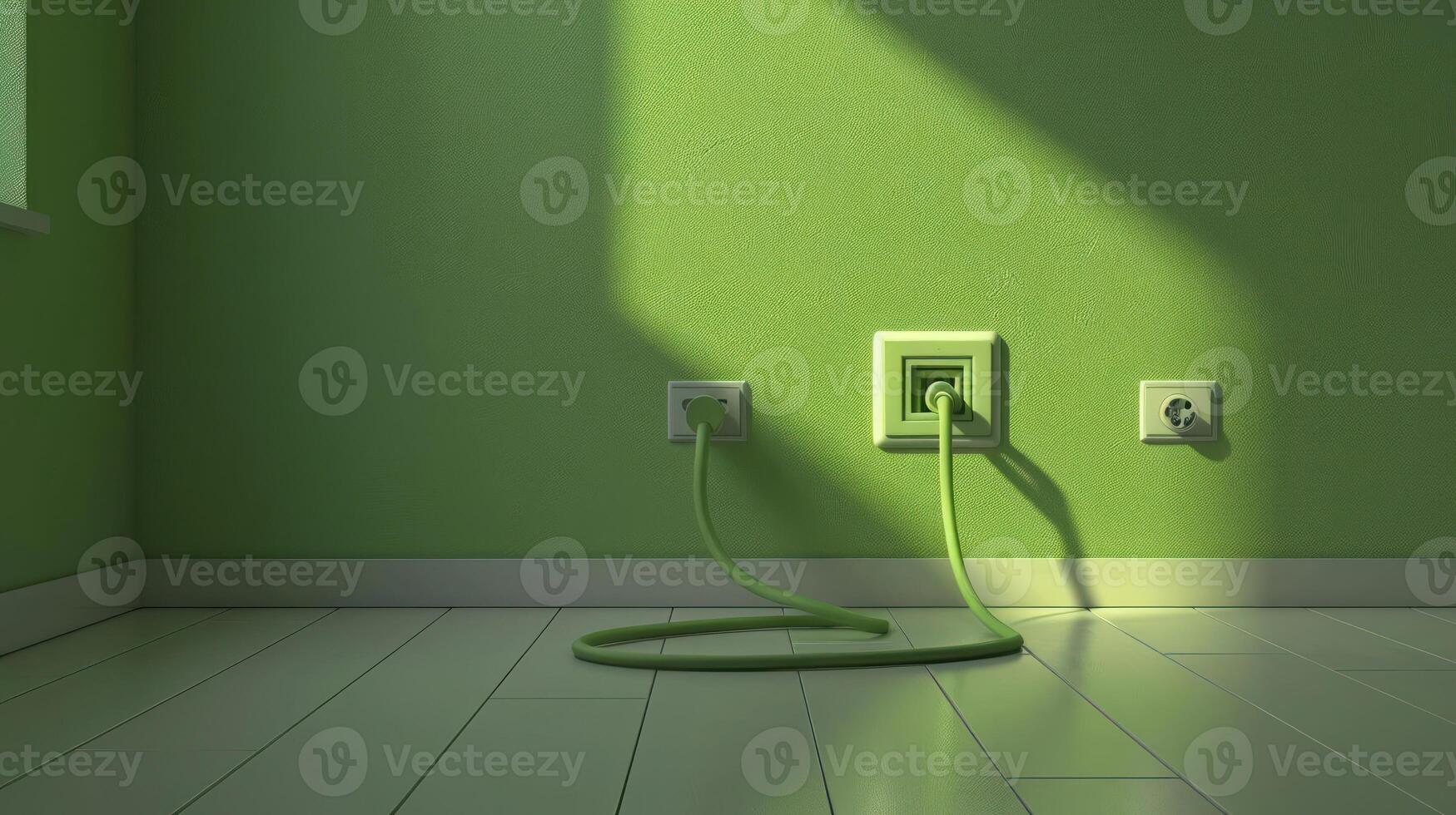 A modern green room with power outlets and vibrant lighting casting shadows on the floor photo