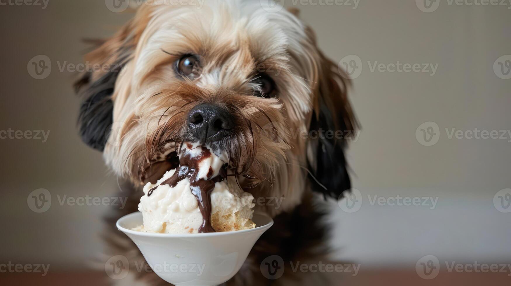 Playful dog enjoying a bowl of ice cream, with a cozy indoor setting in the background photo