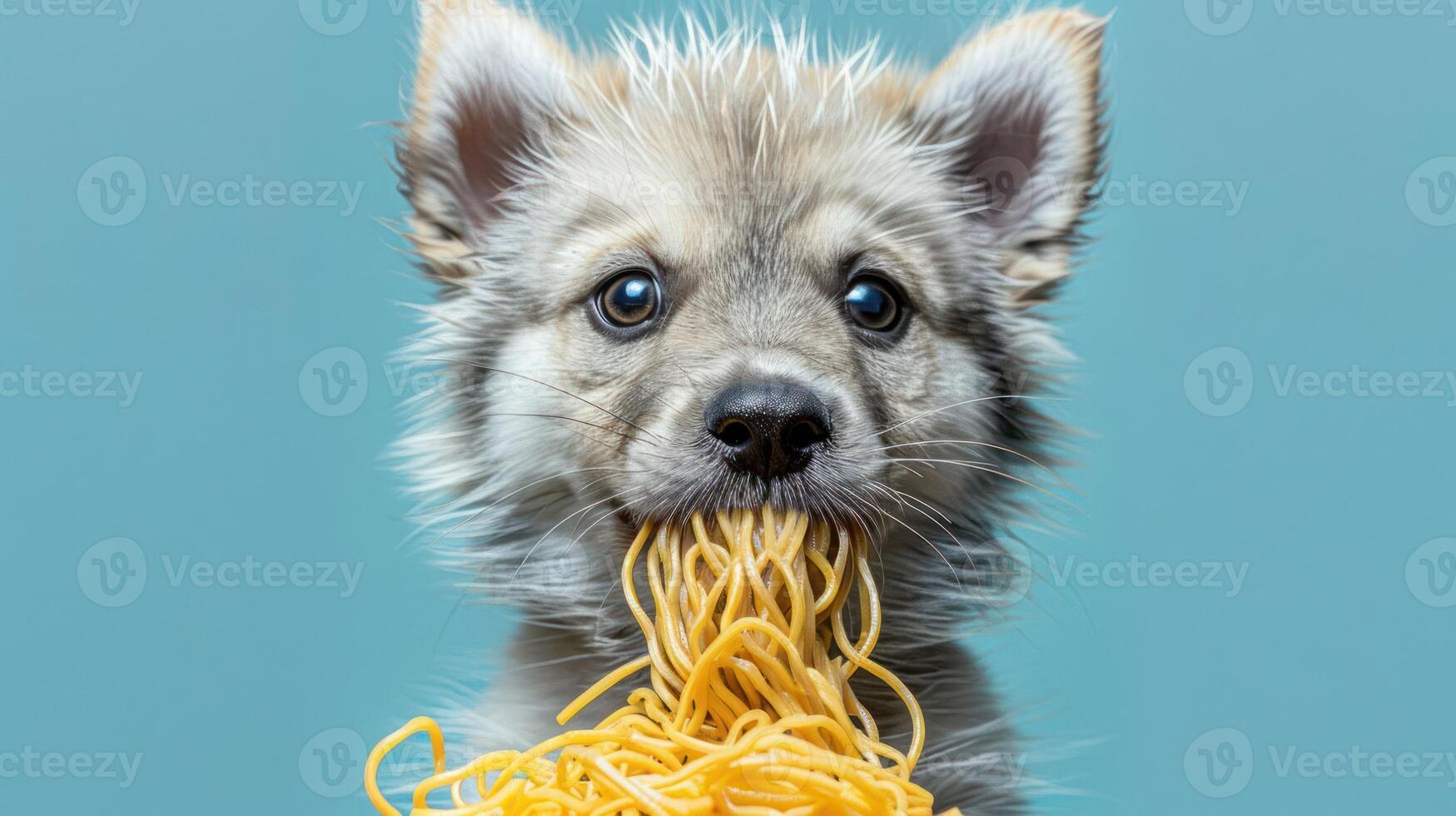 Playful puppy with spaghetti in its mouth against a blue background, creating a whimsical scene photo