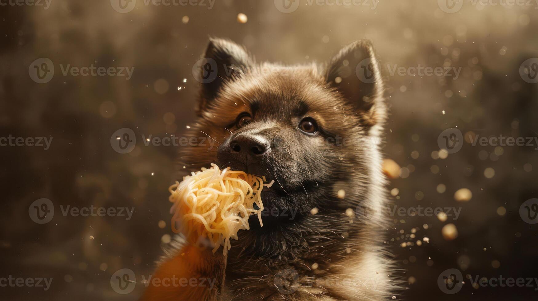 Playful dog enjoying a strand of pasta in a warm, softly lit kitchen with scattered flour photo