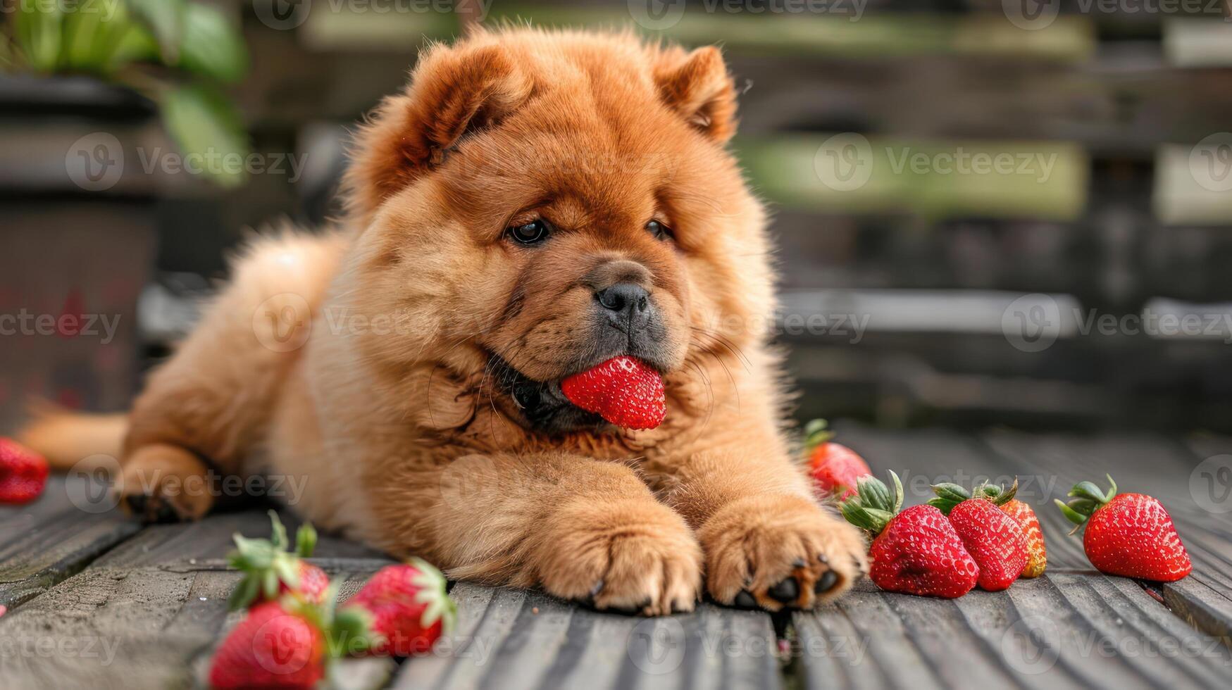 Adorable fluffy puppy enjoying strawberries on a wooden deck with greenery in the background photo