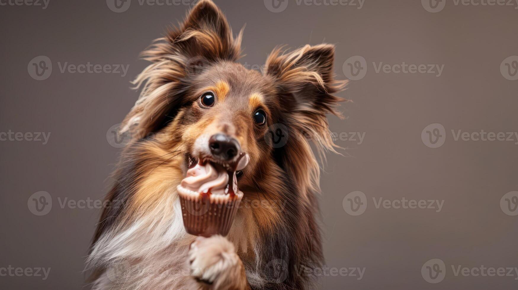 Playful dog enjoying a cupcake, set against a neutral backdrop, showcasing joy and indulgence photo
