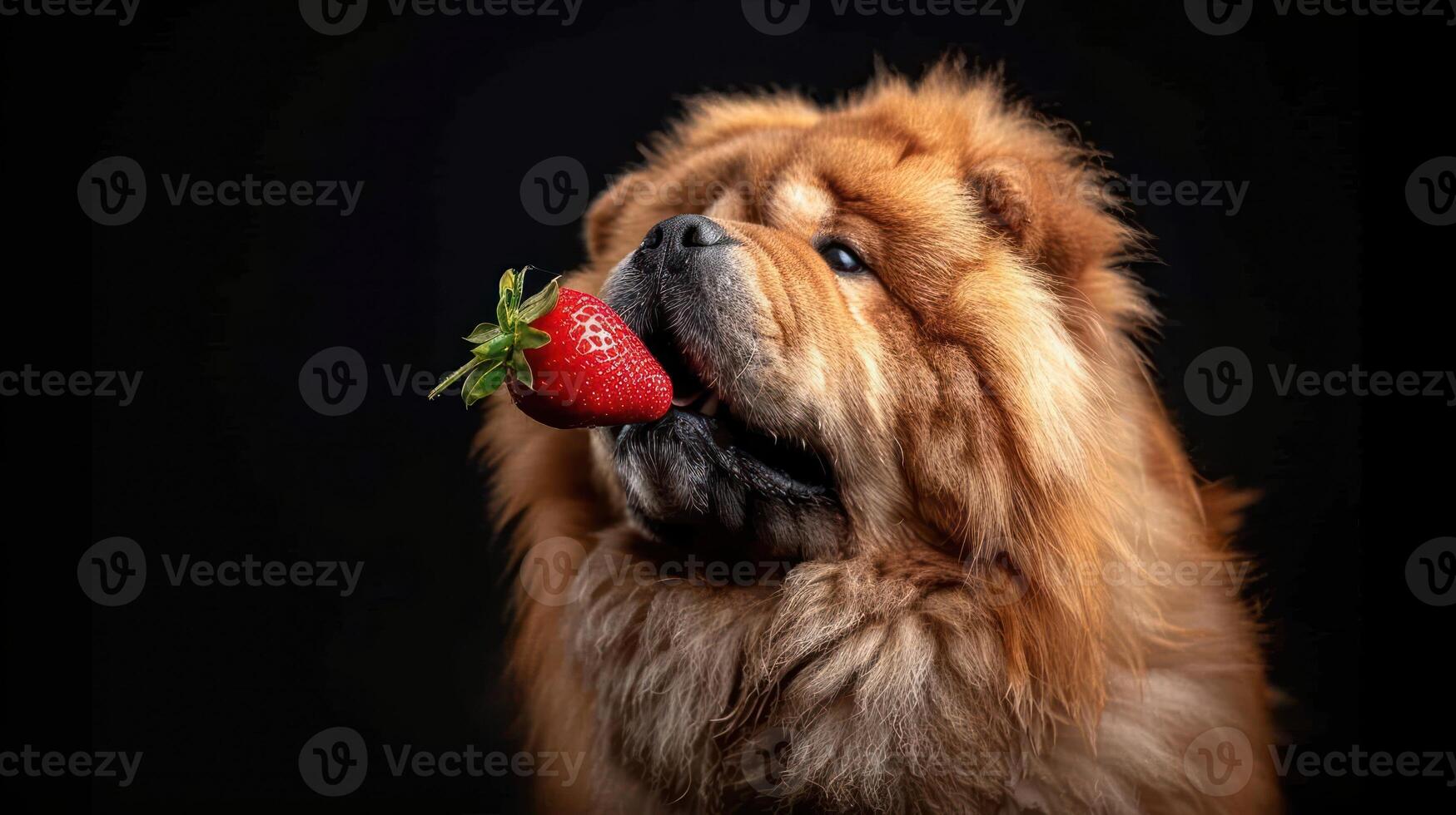 A fluffy dog holding a ripe strawberry in its mouth against a dark background, showcasing playful curiosity photo