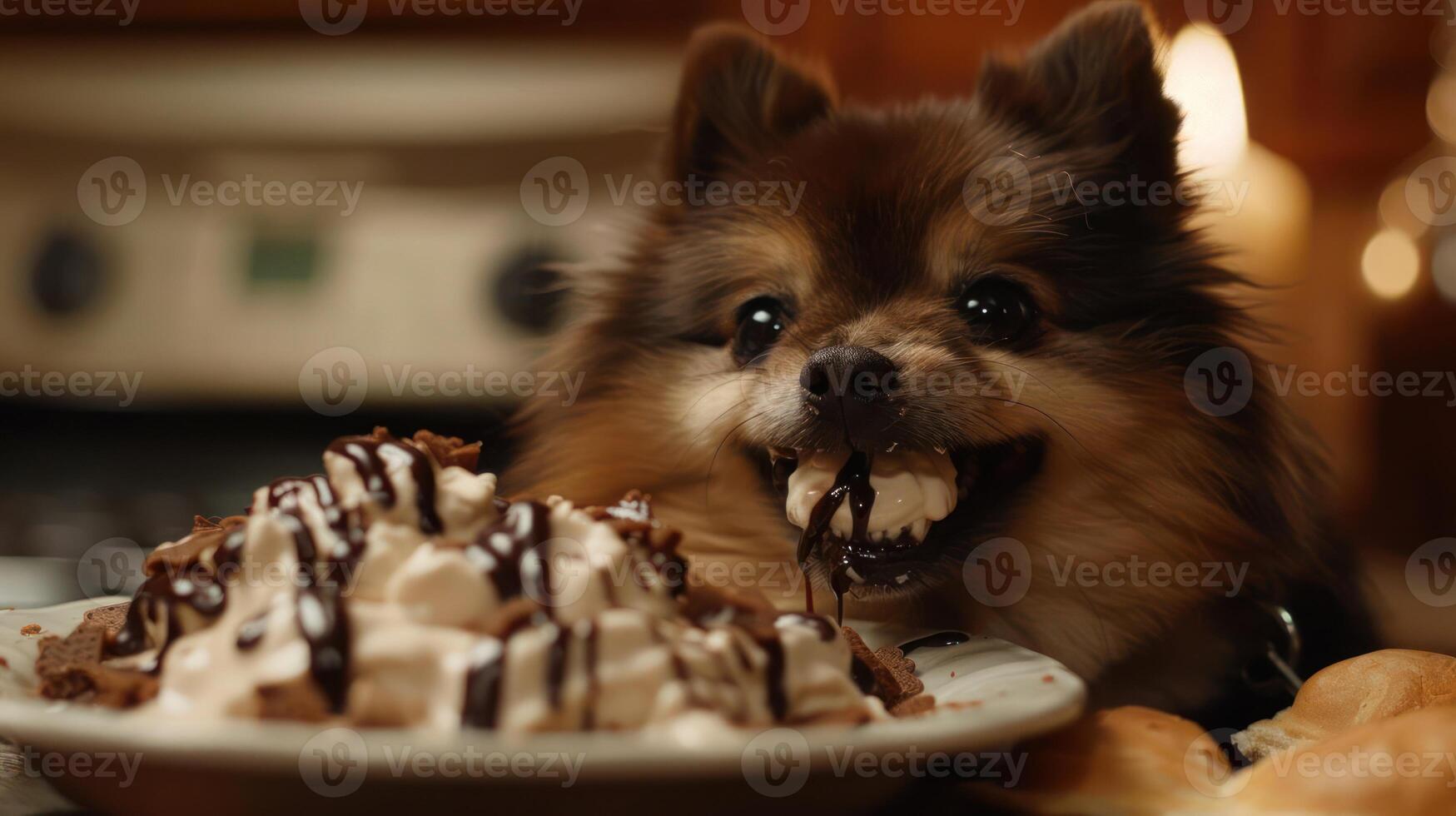 Playful dog enjoying a delicious dessert in a cozy kitchen setting with warm lighting photo