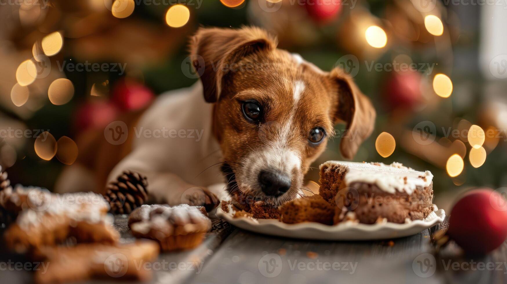 Playful dog enjoying a festive treat near a decorated Christmas tree with holiday lights photo
