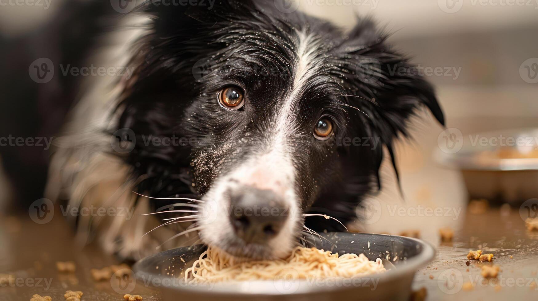 A wet black and white dog curiously eating noodles from a bowl in a cozy kitchen setting photo
