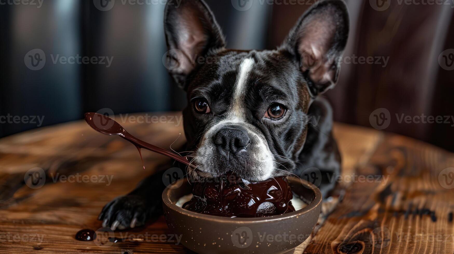 A playful French Bulldog enjoying a bowl of chocolate dessert on a rustic wooden table photo