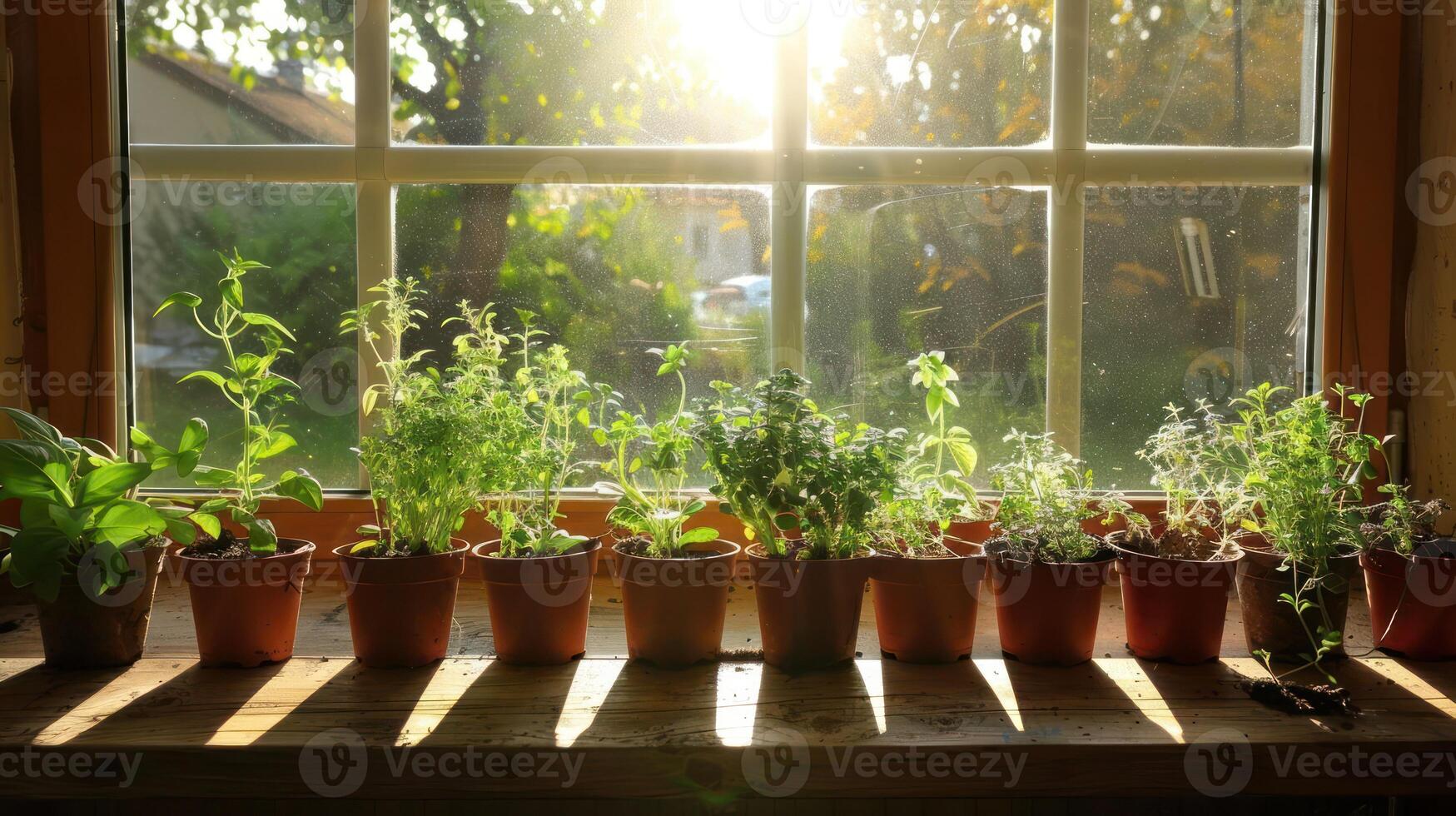Lush green herbs growing in pots on a sunlit windowsill, creating a vibrant indoor garden scene photo