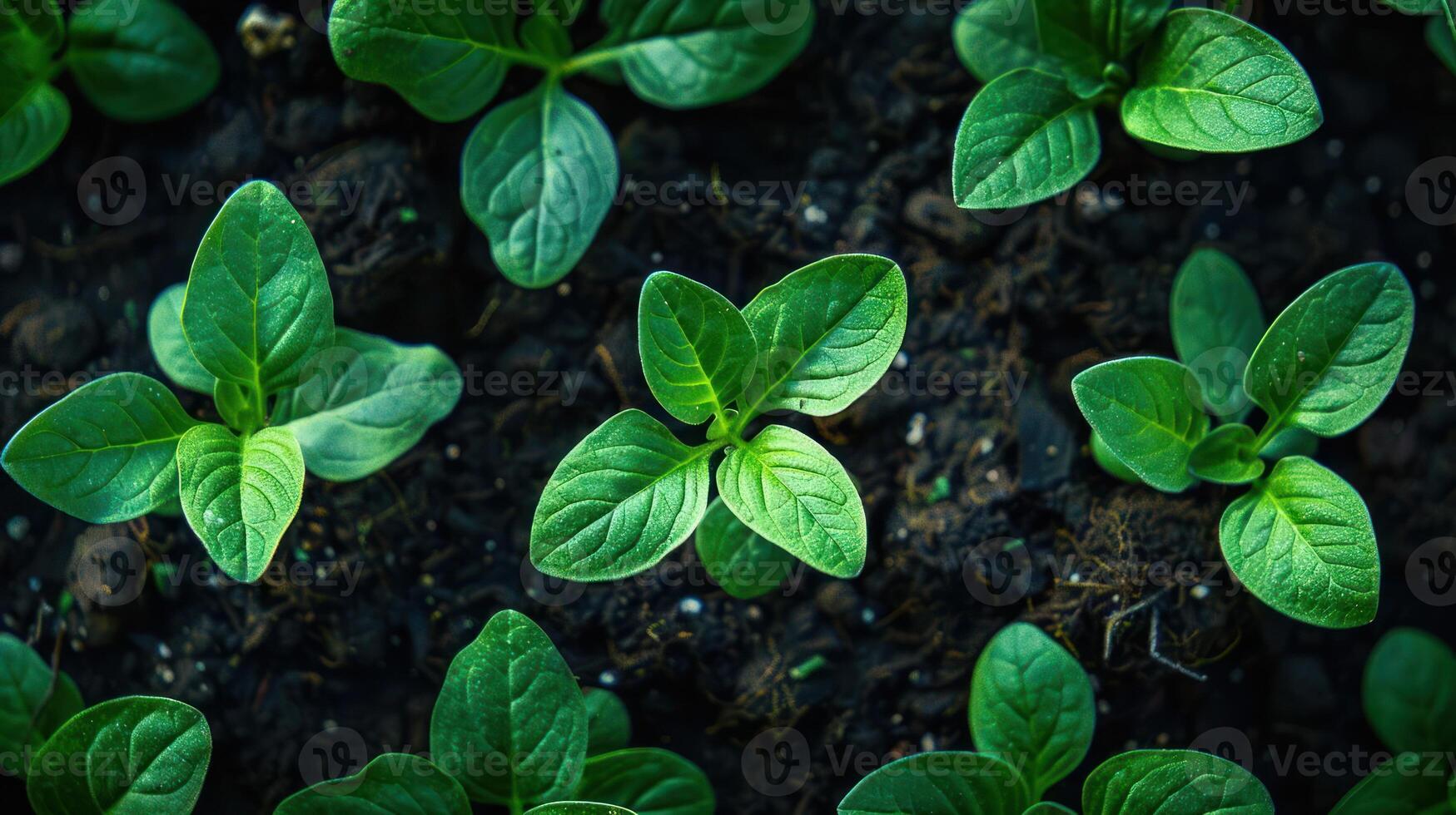 Close-up of vibrant green seedlings emerging from dark soil, showcasing growth in a garden setting photo