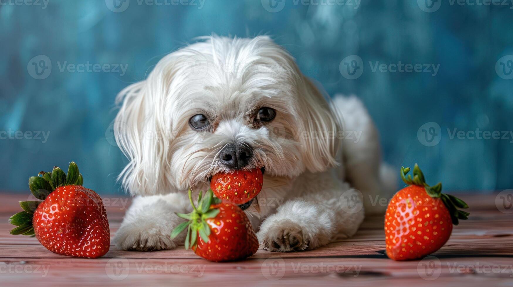A fluffy white dog playfully munching on fresh strawberries, set against a textured blue background photo