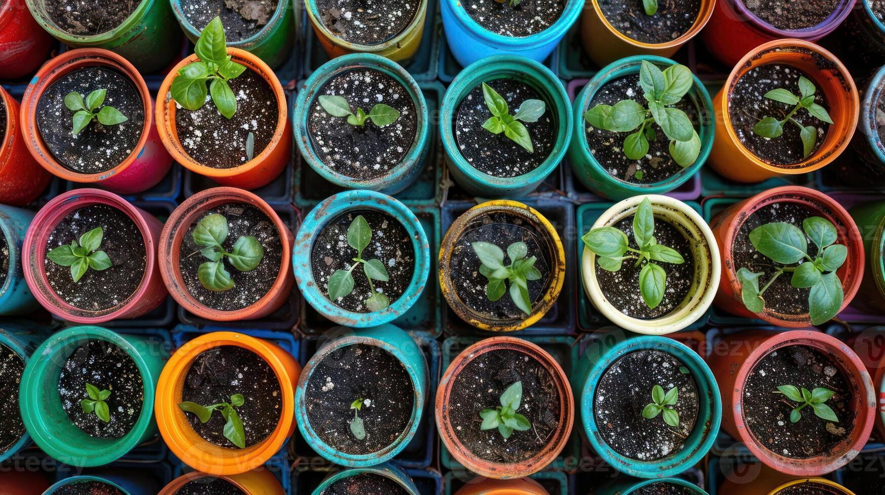 Vibrant assortment of young plants growing in colorful pots arranged in a neat grid pattern photo