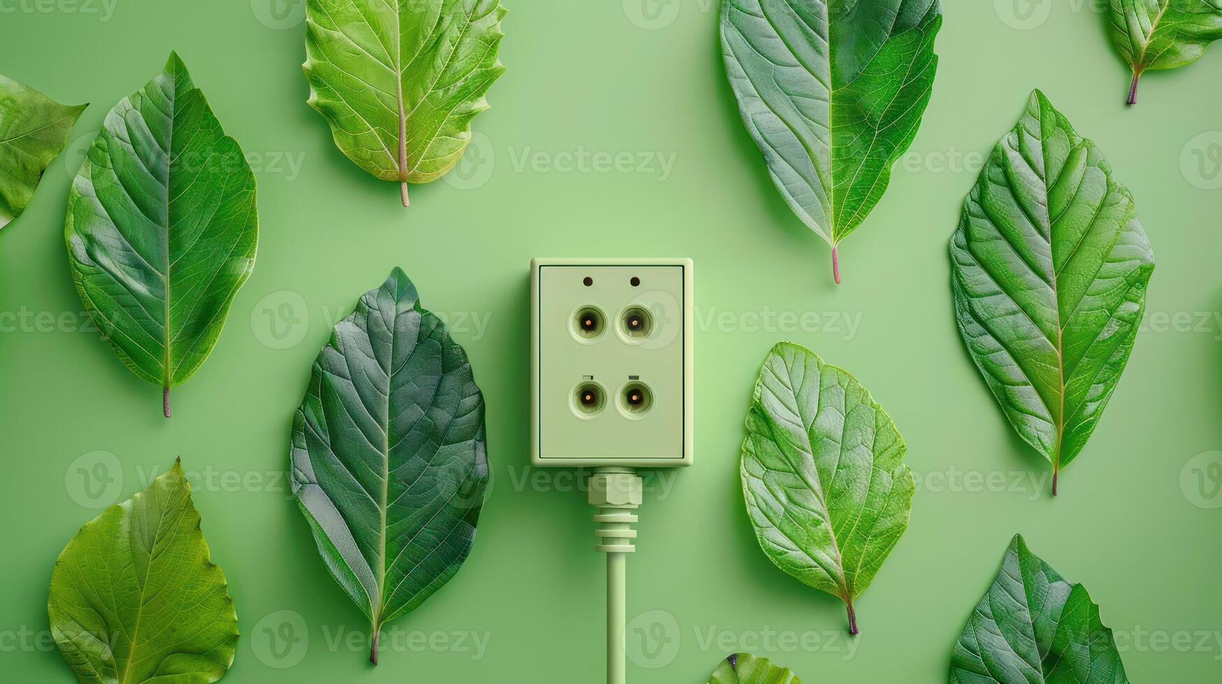 Green power outlet surrounded by vibrant leaves on a soft green background, symbolizing eco-friendliness photo