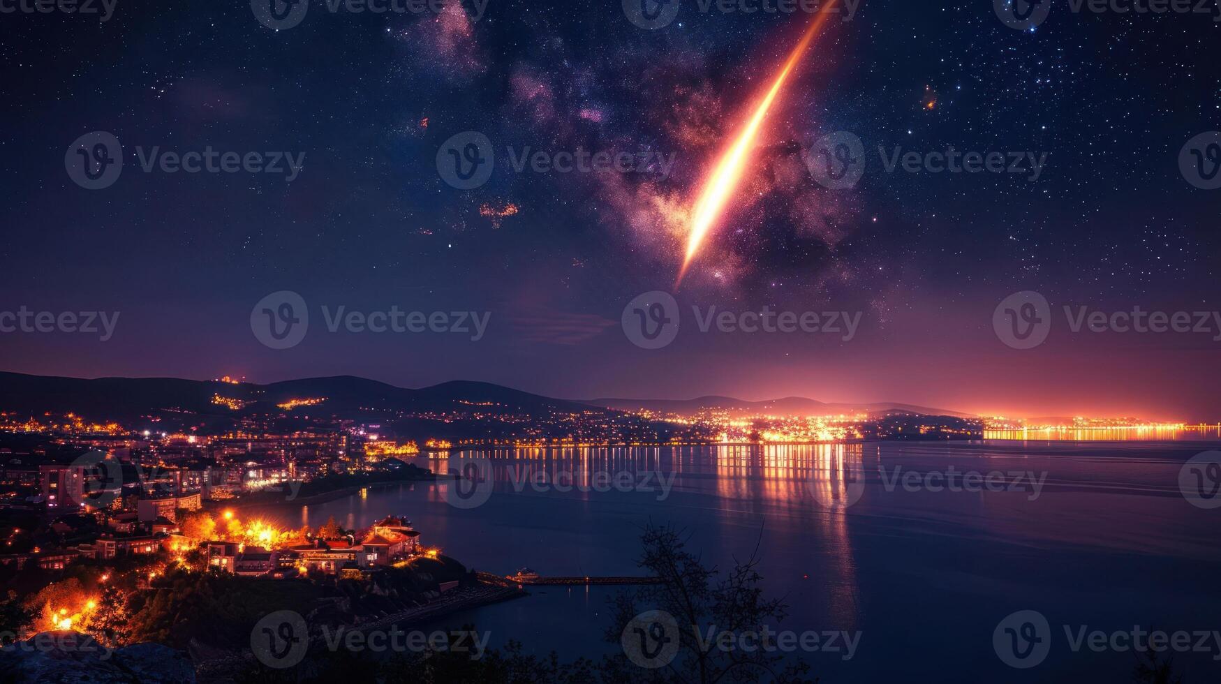 Stunning night sky over a coastal town with a meteor streaking through the stars photo