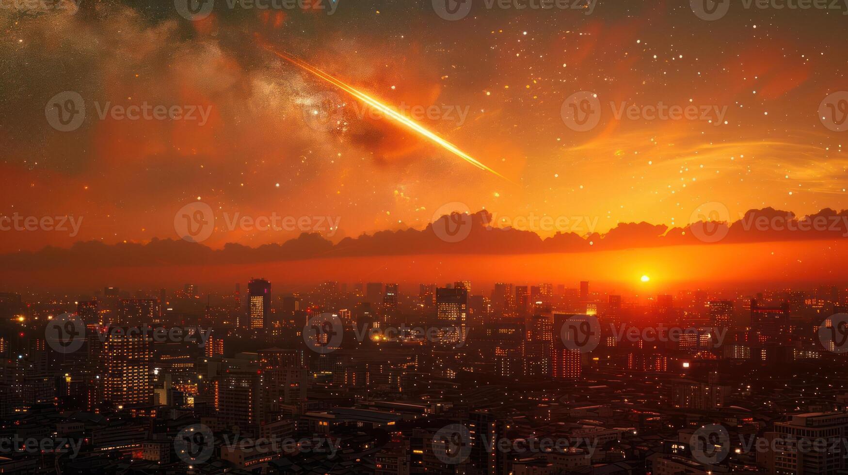 Vibrant sunset over a bustling city skyline with a meteor shower illuminating the sky photo