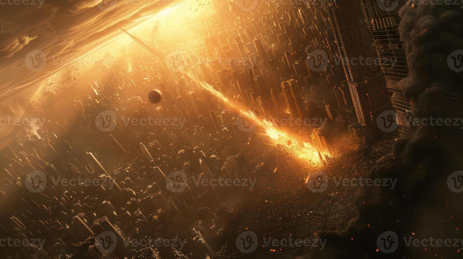 A futuristic cityscape engulfed in flames as a celestial event unfolds above, showcasing chaos photo