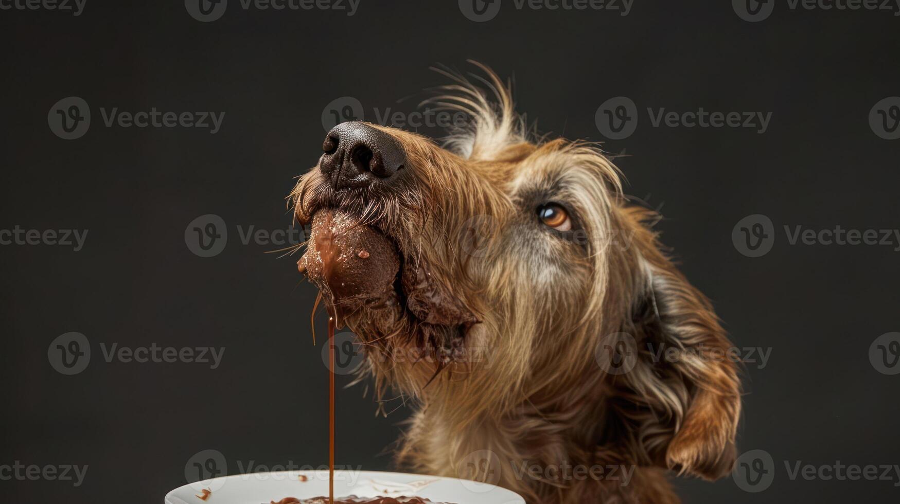 A playful dog enjoying a messy treat, with chocolate dribbling from its mouth, against a dark backdrop photo
