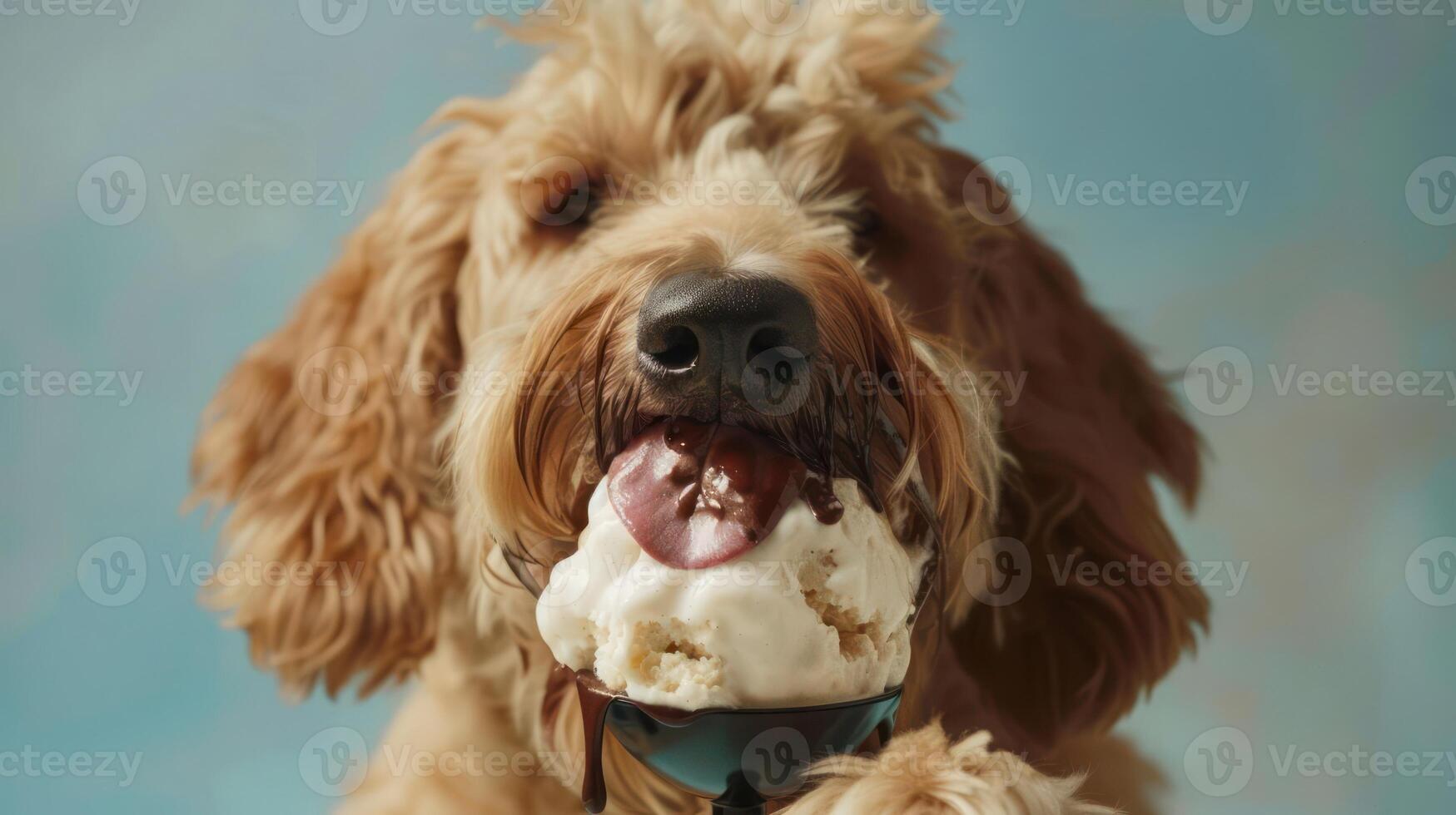 Happy dog enjoying a delicious ice cream treat in a playful, colorful setting photo
