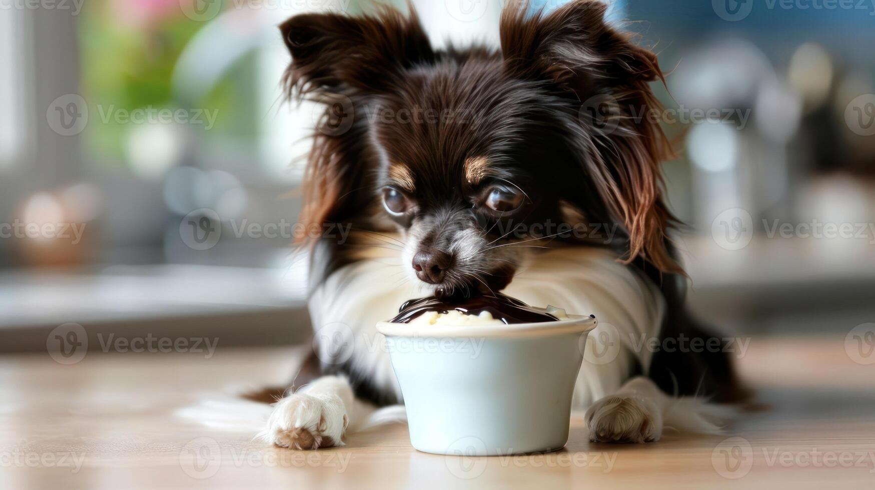 A cute dog enjoying a dessert in a cozy kitchen with soft natural light and blurred background photo