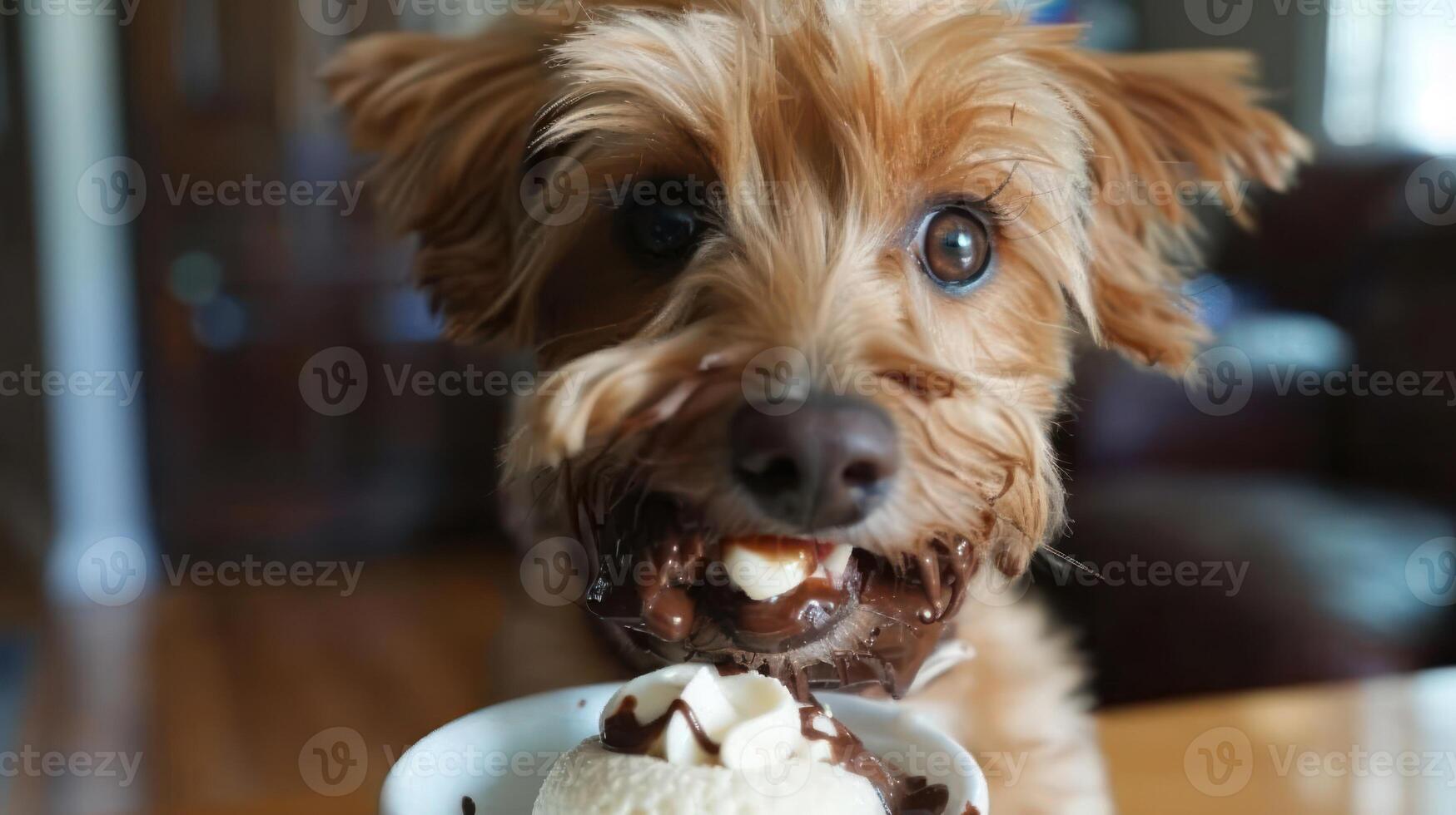 Playful dog enjoying a bowl of ice cream with chocolate and marshmallows indoors photo