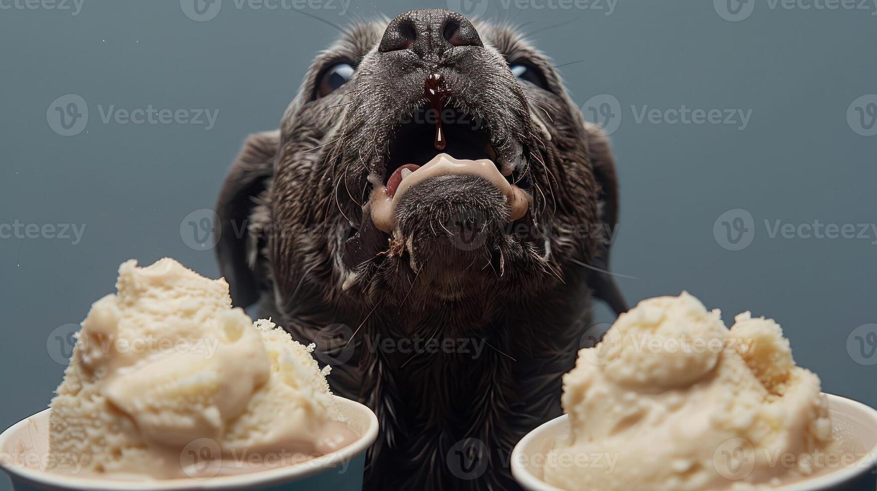 Dog excitedly anticipating ice cream in two cups, with a neutral background highlighting its joy photo